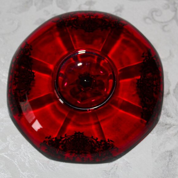 Gorgeous Ruby Silver Overlay Candy Dish | Heart-Shaped Handle | Octagonal - Picture 6 of 6